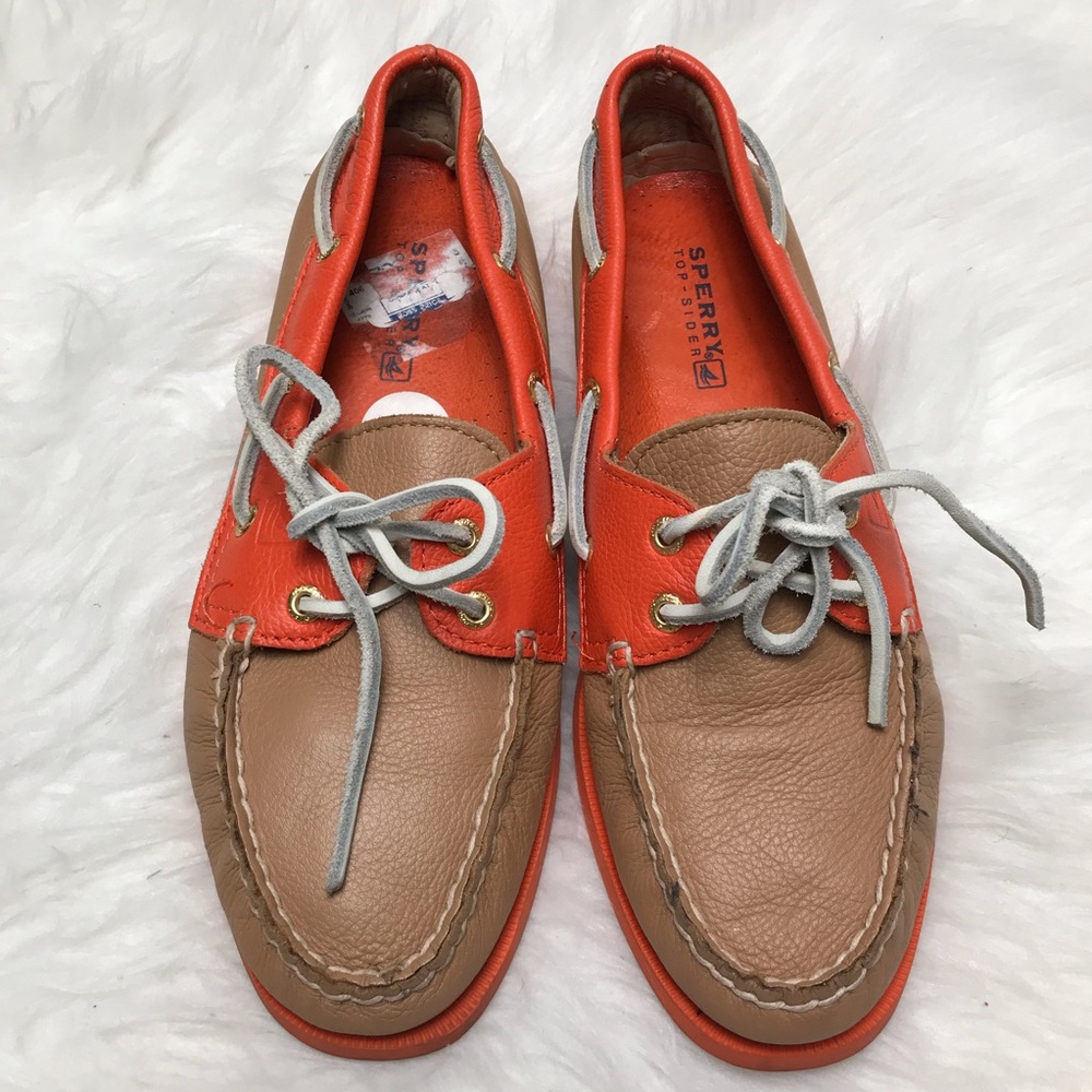 Sperry Top-Sider Brown Orange Leather Boat Shoes Women’s Size 8 Classic Preppy